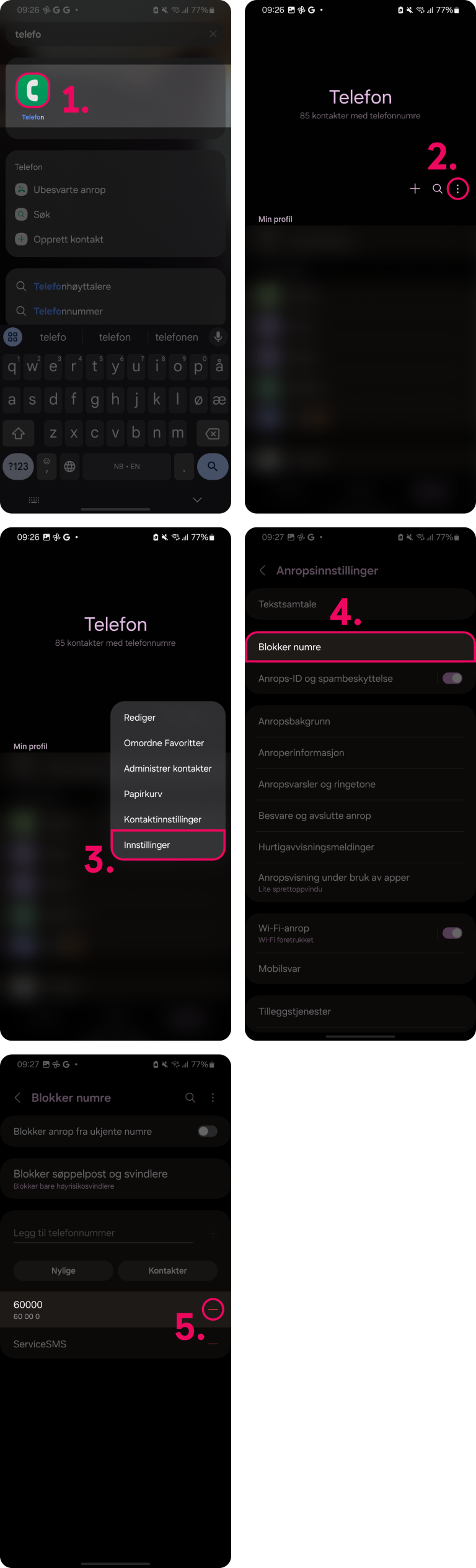 Skjermbilder som steg for steg viser hvordan man fjerner blokkering av et nummer på Android