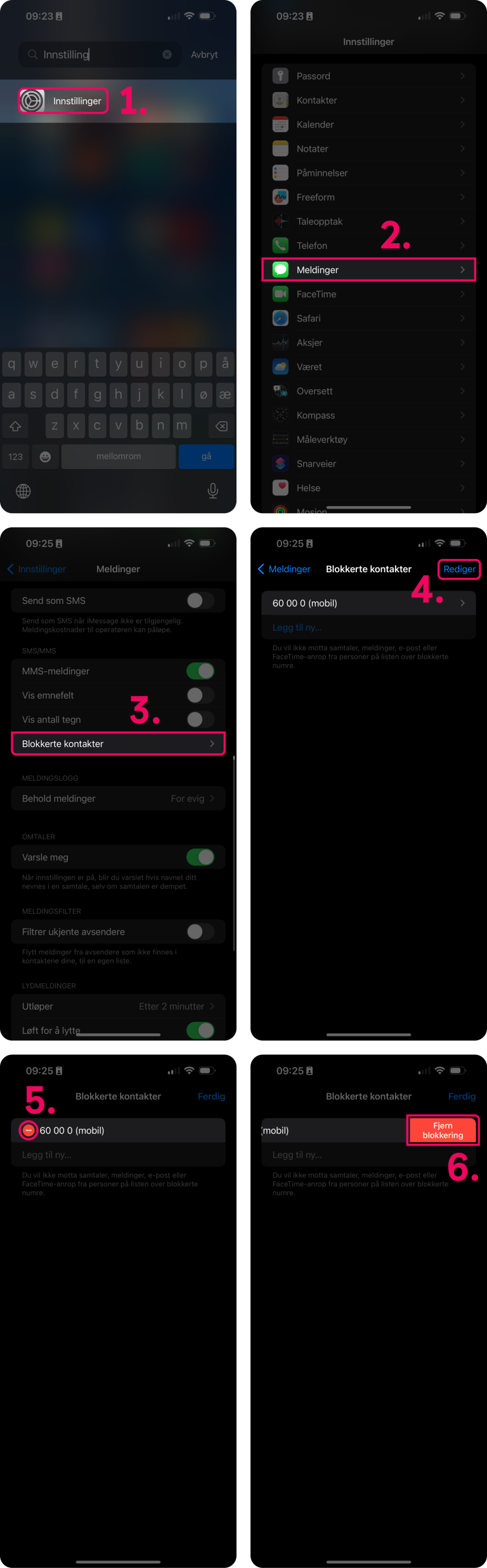 Skjermbilder som steg for steg viser hvordan man fjerner blokkering av et nummer på iOS