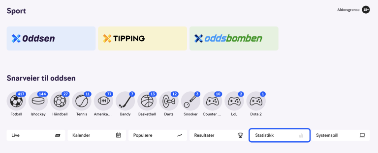 Skjermbilde som viser snarveien til statistikk for sportsspill.