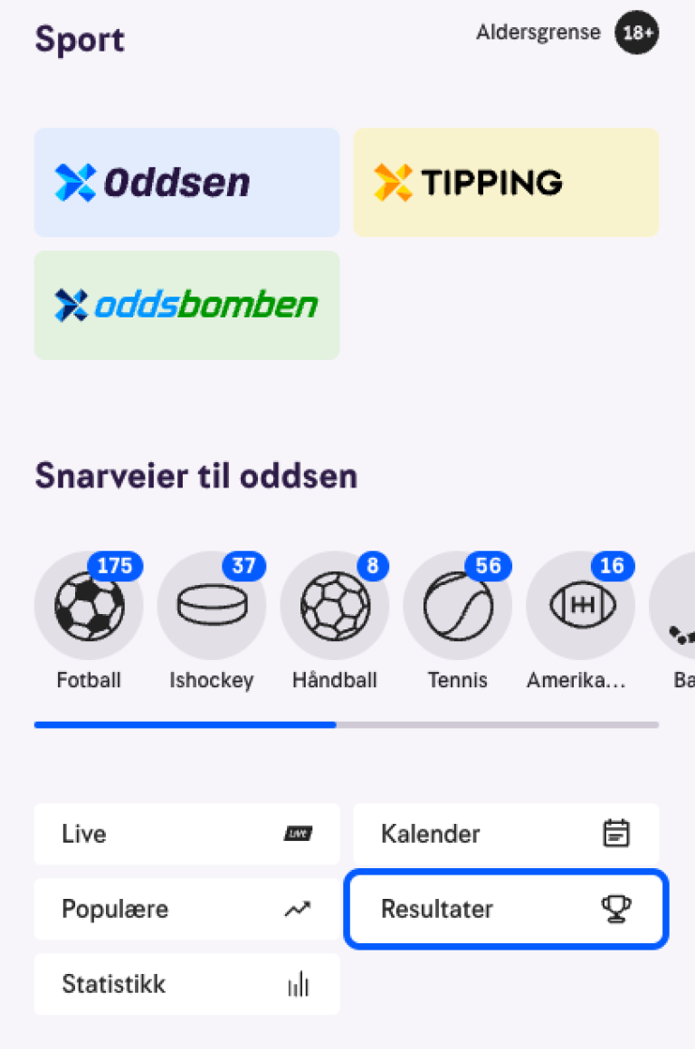 Skjermbilde som viser hvordan man finner resultater på kamper/objekter på mobil.