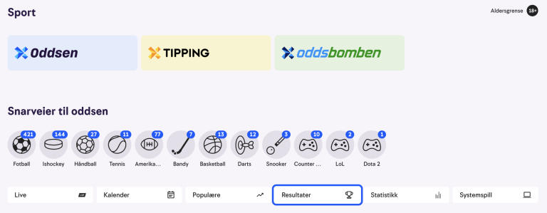 Skjermbilde som viser hvordan man finner resultater på kamper/objekter i nettleser på PC.