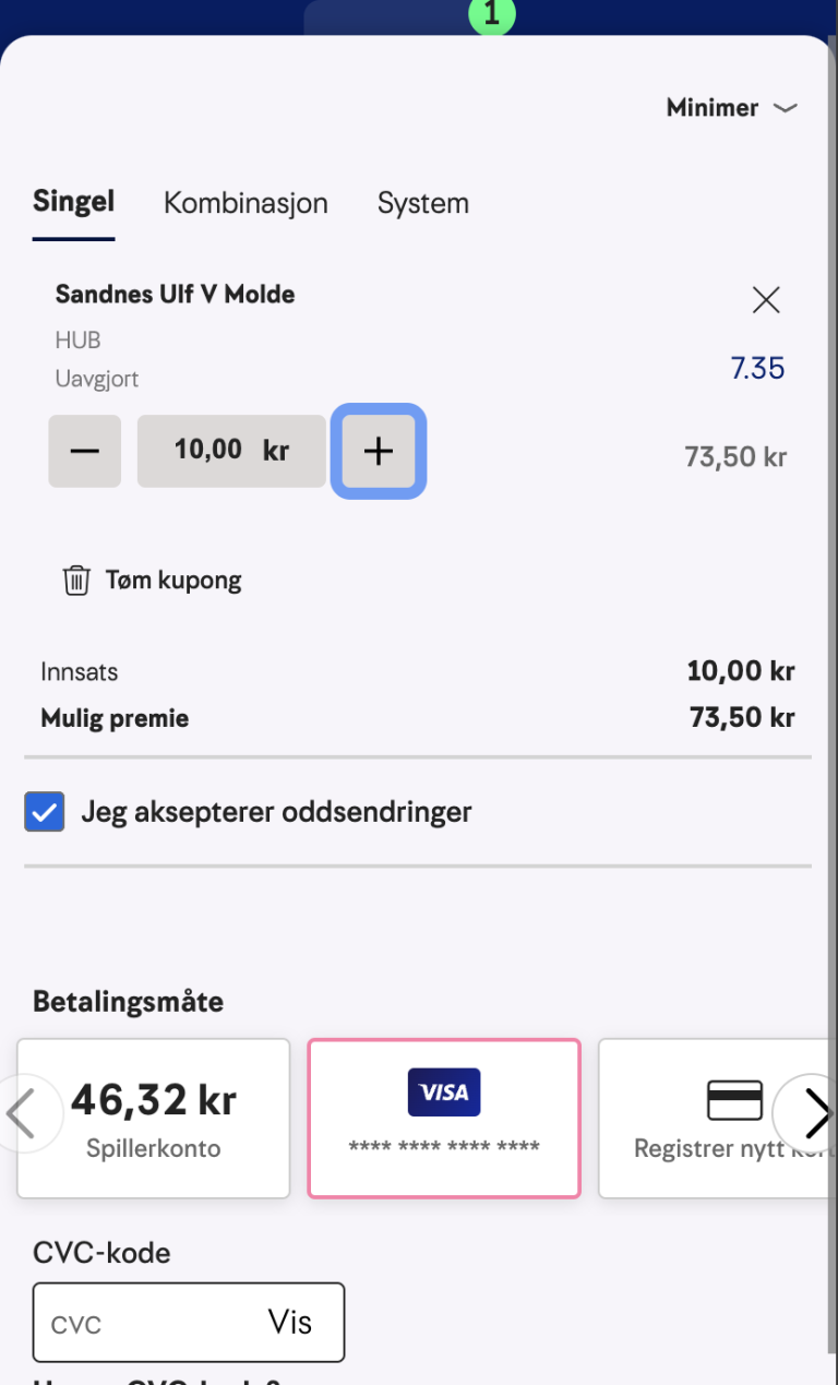 Skjermbilde som viser en Oddsen-kupong på mobil